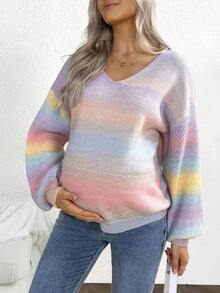 SHEIN Asymmetrical Rainbow Ombre V-Neck Sweater, Mohair Maternity Knit Pullover For Autumn/Winter