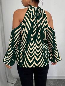 Elenzga Áo sơ mi hở vai kẻ sọc tương phản thời trang cỡ lớn dành cho người đi làm - Màu xanh lá cây đậm - Xem 2