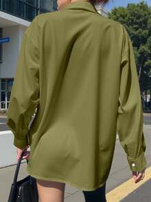 Franclia Women's Casual Loose Solid Color Long Sleeve Shirt - Army Green - View 2