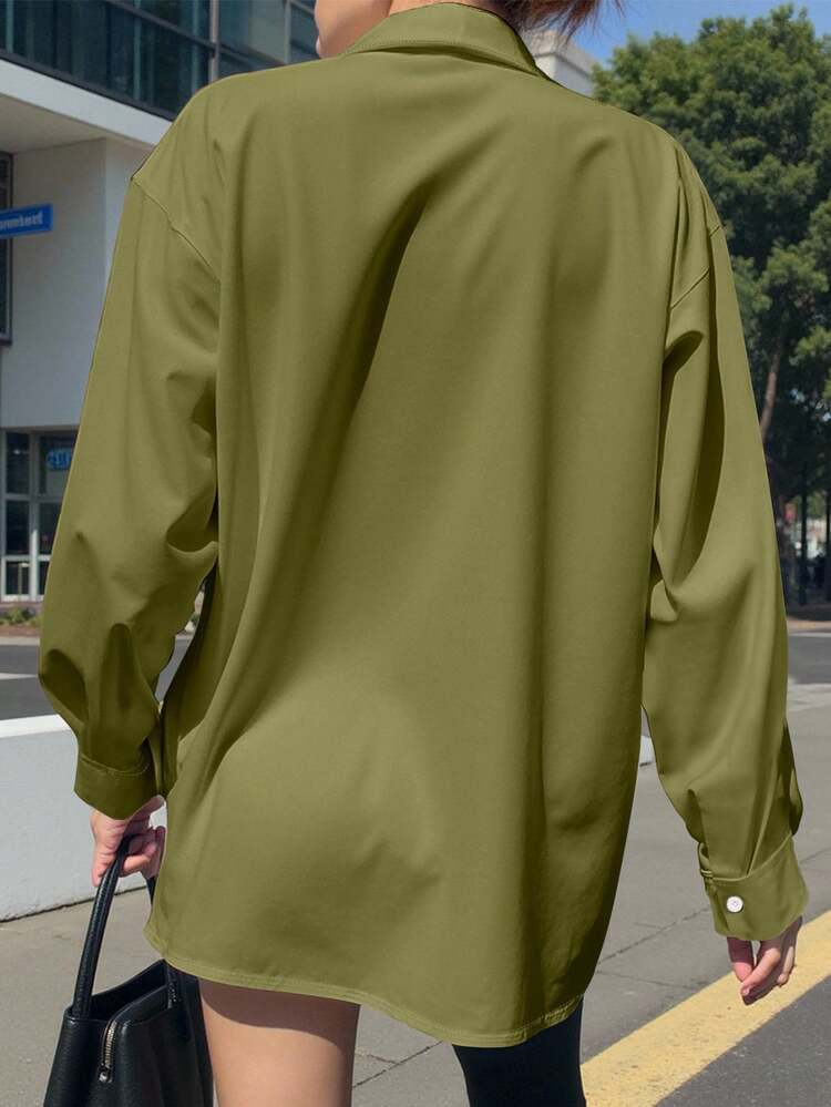 Resyla Women's Casual Loose Solid Color Long Sleeve Shirt - Army Green - View 2