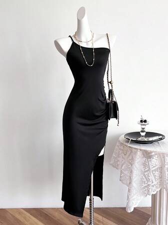 Sweetra Young 青少年女孩休闲基本款派对晚装日常居家舒适单肩中长连衣裙、假日、夏季、旅行