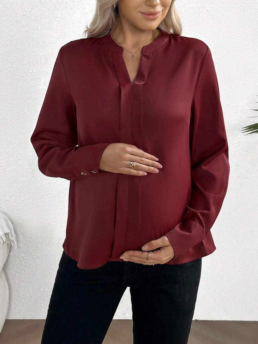 SHEIN Versatile Solid Color V-Neck Long Sleeve Maternity Shirt For Commuting - Burgundy - View 1