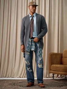 Manfinity Homme Blugi bărbătești albaștri, cu croială largă, stil streetwear, stil cowboy western, stil vintage, spălați, pentru ieșiri cu picior drept