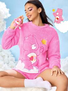 SHEIN X Care Bears 女士卡通刺绣长袖上衣和短裤睡衣套装，秋季服装 - 粉色 - 查看 8