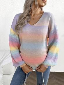 SHEIN Asymmetrical Rainbow Ombre V-Neck Sweater, Mohair Maternity Knit Pullover For Autumn/Winter