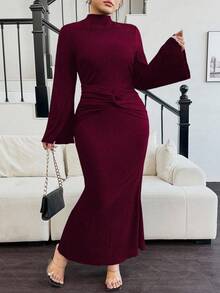 Elenzga 大码女式优雅黑色高领纹理扭腰修身喇叭袖连衣裙，秋冬长款女装 - 酒紅色 - 查看 6