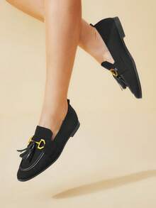 CUCCOO BASICS CUCCOO Fashion Horse Bit Buckle Tassel Flat Loafers - Black - View 4