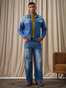 Manfinity Homme Men's Fashion Casual Pocketed Wide Leg Embroidered Jeans Business Casual Minimalist Comfortable Regular Washed Blue For Straight Leg Urban