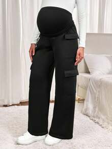 SHEIN Solid Color Casual Maternity Pants With Pockets, Full Length - Black - View 4