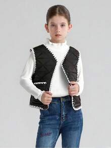 1 pezzo Gilet imbottito in cotone con motivo a diamanti e bordo arricciato per ragazze pre-adolescenti, adatto per autunno/inverno - nero - Visualizzare 4