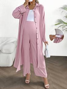 SHEIN 2pcs Maternity Set: Solid Color Long Sleeve Button-Down Shirt And Adjustable Waist Pants, Comfortable & Loose Fit - Pink - View 1