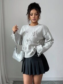 Elenzga Women's Minimalist Casual Gray Knit Top With 3D Bow & Line Decor Fall Winter Cloth For Women