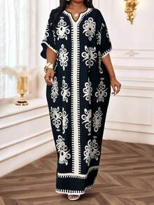 SHEIN Lady 秋冬优雅工作办公室黑白花卉印花斜口袋加大码连衣裙端庄连衣裙，太阳裙女士夏季服装女士夏季连衣裙女士度假服装女士沙滩服装女士婚礼宾客礼服女士生日礼服猎豹印花商务休闲女士生日服装女士 7 月 4 日女士 - 黑與白 - 查看 4