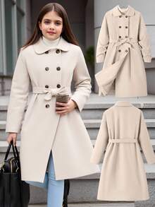 SHEIN Tween Girls' Double-Breasted Belted Long Sleeve Windbreaker, Autumn/Winter - Apricot - View 6