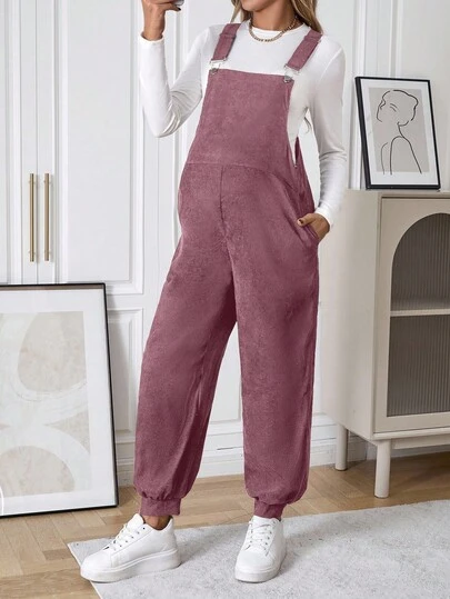 SHEIN 孕妇纯色口袋抽绳宽松休闲连体裤