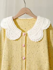 1pc Girls' Cardigan,Cute Sweet Fresh Style,White Crochet Lace Collar,Polka Dot Yellow Knit Sweater,V-Neck Long Sleeve Autumn Holiday Back-To-School - Yellow - View 3