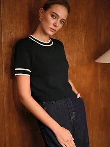 MOTF PREMIUM CONTRAST TRIM SHORT SLEEVE KNIT TOP - Black - View 5