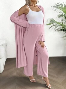 SHEIN 2pcs Maternity Set: Solid Color Long Sleeve Button-Down Shirt And Adjustable Waist Pants, Comfortable & Loose Fit - Pink - View 4