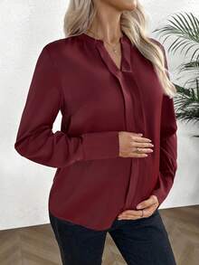 SHEIN Versatile Solid Color V-Neck Long Sleeve Maternity Shirt For Commuting - Burgundy - View 3