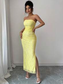 Rafferiza Women's Tight Lace Bodycon Strapless Slit Hem Yellow Mini Dress - Yellow - View 5