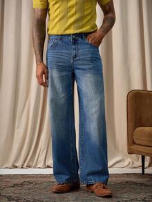 Manfinity Homme Men's Fashion Casual Pocketed Wide Leg Embroidered Jeans Business Casual Minimalist Comfortable Regular Washed Blue For Straight Leg Urban