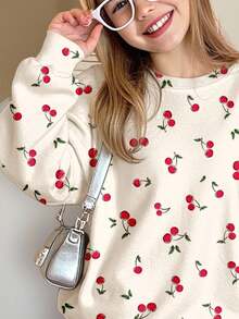SHEIN Leap Crew Áo nỉ dài tay cổ tròn mềm mại, màu trắng kem, họa tiết quả anh đào nhỏ dễ thương kiểu vintage dành cho bé gái, thích hợp cho mùa thu/đông, đi chơi mùa thu, thoải mái dễ chịu, mặc nhiều lớp mùa thu, thời trang, trang phục thường ngày, họa tiết, thích hợp cho năm học mới, lễ hội, phù hợp cho ở nhà, ngoài trời, trường học, chụp ảnh đường phố, dã ngoại, nông trại. - Nhiều màu - Xem 4