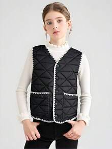 1 pezzo Gilet imbottito in cotone con motivo a diamanti e bordo arricciato per ragazze pre-adolescenti, adatto per autunno/inverno - nero - Visualizzare 1