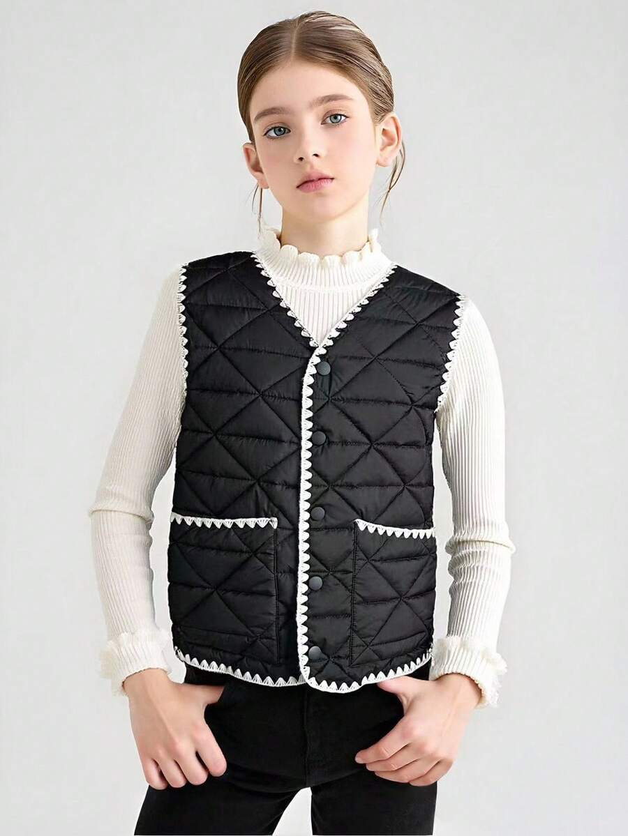 1 pezzo Gilet imbottito in cotone con motivo a diamanti e bordo arricciato per ragazze pre-adolescenti, adatto per autunno/inverno - nero - Visualizzare 1