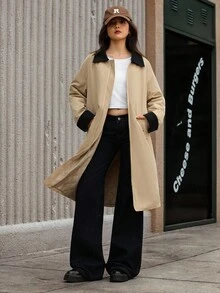 Teen GirlCasual All-Match Versatile School/Commute Street Style Contrast Color Lapel Mid-Length Padded Coat, Autumn/Winter Fall - Khaki - View 3