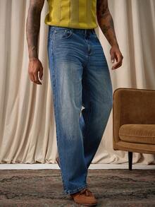 Manfinity Homme Men's Fashion Casual Pocketed Wide Leg Embroidered Jeans Business Casual Minimalist Comfortable Regular Washed Blue For Straight Leg Urban