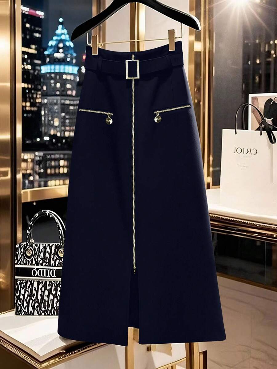 GlowEve CURVE 大码时尚优雅休闲双拉链半身裙 - 藏蓝色 - 查看 1