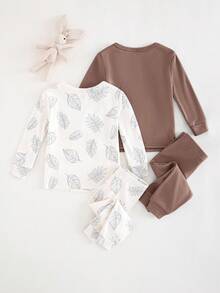 Cozy Pixies 4 件套男婴舒适睡衣套装 - 纯色柔软针织圆领长袖上衣和松紧腰长裤，花卉印花圆领长袖上衣和松紧腰长裤 - 彩色 - 查看 2