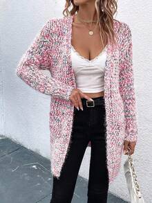 SHEIN LUNE 女式秋季印花落肩长袖双口袋休闲针织开衫 - 紅色 - 查看 5