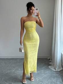 Rafferiza Women's Tight Lace Bodycon Strapless Slit Hem Yellow Mini Dress - Yellow - View 8