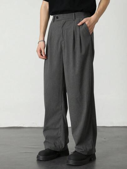 Claim Dot 男士褶皱口袋直筒宽松休闲通勤灯芯绒西装裤