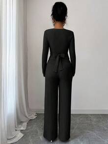 Gloray 2 件套女士优雅 V 领长袖系带上衣和高腰阔腿裤，休闲秋冬装 - 黑色 - 查看 2