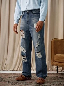 Manfinity Homme Blugi bărbătești albaștri, cu croială largă, stil streetwear, stil cowboy western, stil vintage, spălați, pentru ieșiri cu picior drept