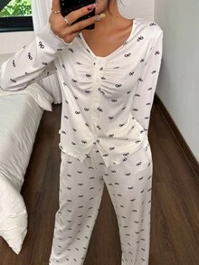 SHEIN Conjunto de pijama para mujer con lazo, ropa de otoño cómoda y elegante - Multicolor - Ver 3