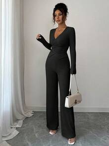 Gloray 2 件套女士优雅 V 领长袖系带上衣和高腰阔腿裤，休闲秋冬装 - 黑色 - 查看 4