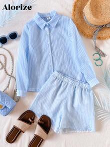 青少年女孩度假海报印花休闲乡村日常百搭透明条纹长袖衬衫 + 宽松短裤两件套 - 藍色 - 查看 1