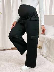 SHEIN Solid Color Casual Maternity Pants With Pockets, Full Length - Black - View 5