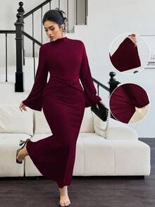 Elenzga 大码女式优雅黑色高领纹理扭腰修身喇叭袖连衣裙，秋冬长款女装 - 酒紅色 - 查看 5