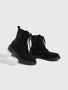 CUCCOO SZL 女士圆头厚底时尚英伦风黑色全水钻奢华个性化靴子，摩托车踝靴和短靴 - 黑色 - 查看 5