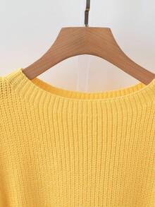 Elenzga Đầm dệt kim tay dài cổ tròn trễ vai màu trơn dành cho nữ - Màu Mù tạt vàng - Xem 3