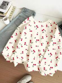 SHEIN Leap Crew Áo nỉ dài tay cổ tròn mềm mại, màu trắng kem, họa tiết quả anh đào nhỏ dễ thương kiểu vintage dành cho bé gái, thích hợp cho mùa thu/đông, đi chơi mùa thu, thoải mái dễ chịu, mặc nhiều lớp mùa thu, thời trang, trang phục thường ngày, họa tiết, thích hợp cho năm học mới, lễ hội, phù hợp cho ở nhà, ngoài trời, trường học, chụp ảnh đường phố, dã ngoại, nông trại. - Nhiều màu - Xem 3