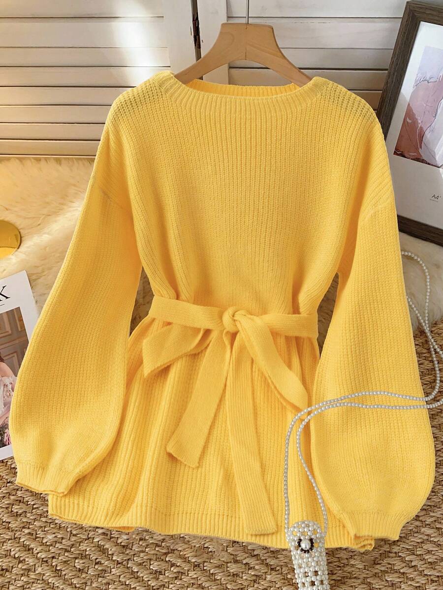 Elenzga Đầm dệt kim tay dài cổ tròn trễ vai màu trơn dành cho nữ - Màu Mù tạt vàng - Xem 1