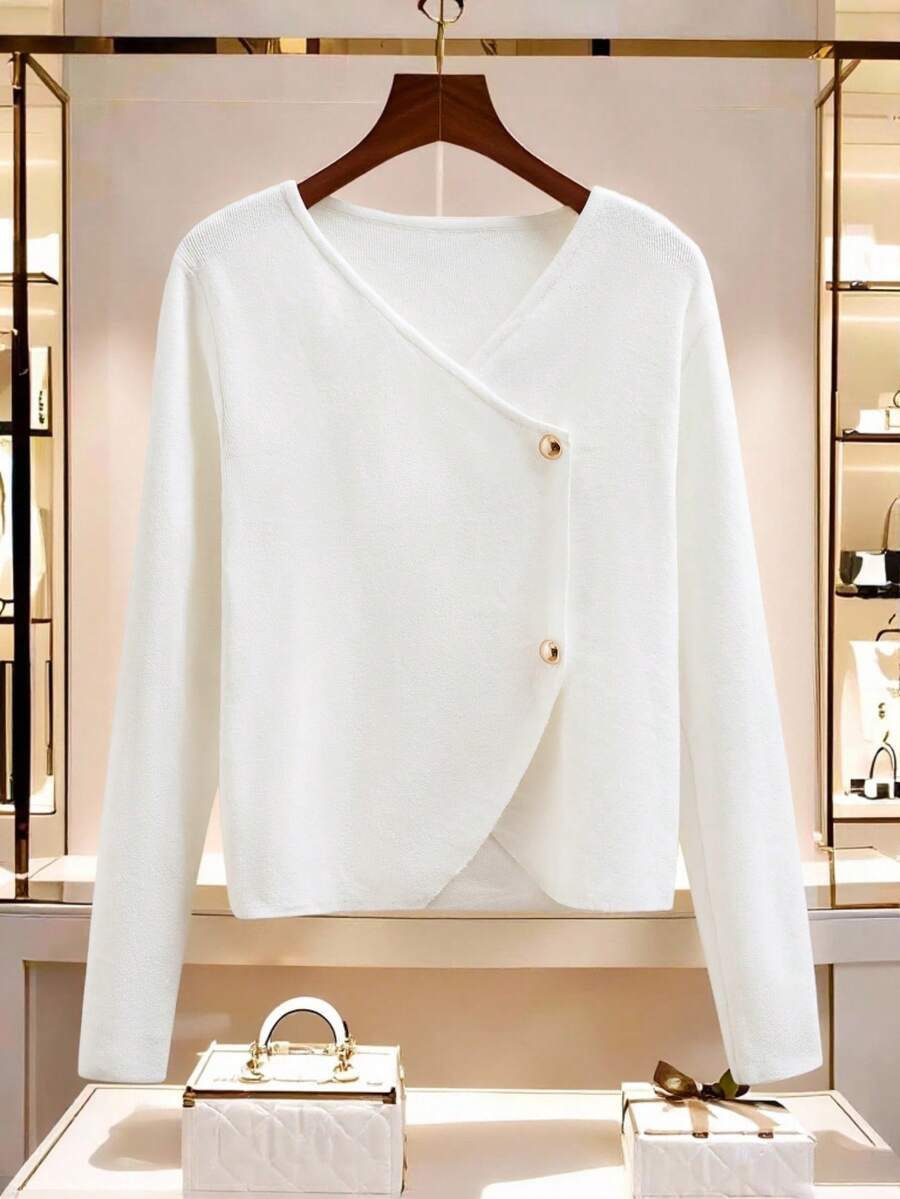 Franclia Asymmetric Button Decor Knit Cardigan, European And American Style, Spring/Autumn Fall Winter Cloth For Women - White - View 1
