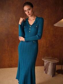 MOTF PREMIUM 修身鱼尾下摆毛衣裙 - 藍色 - 查看 7