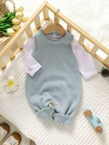 SHEIN Green Baby Romper | Vest Jumpsuit, Casual Minimalist Daily Style, Soft & Comfortable Bodysuit For Crawling Infants Fall Winter - Blue - View 7