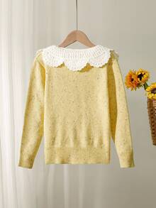 1pc Girls' Cardigan,Cute Sweet Fresh Style,White Crochet Lace Collar,Polka Dot Yellow Knit Sweater,V-Neck Long Sleeve Autumn Holiday Back-To-School - Yellow - View 2